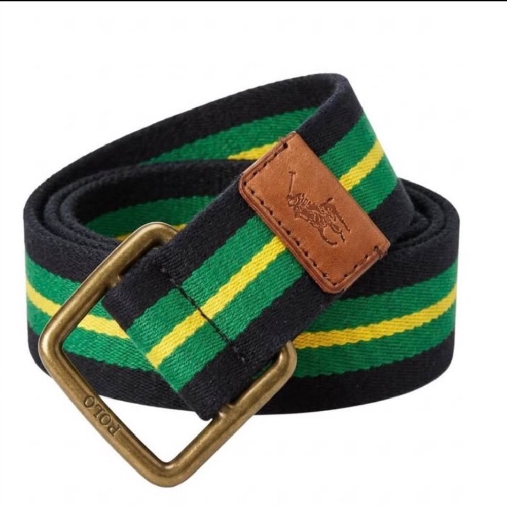 Vintage Polo Ralph Lauren Mens D-Ring Belt Navy Green Yellow Striped Canvas 40